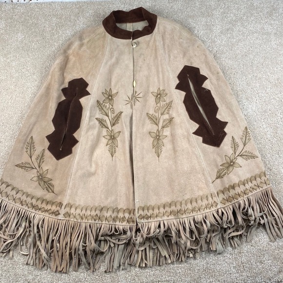 Vintage Jackets & Blazers - Vintage Mexican pyrography suede cape hand-burned floral motifs and fringe trim